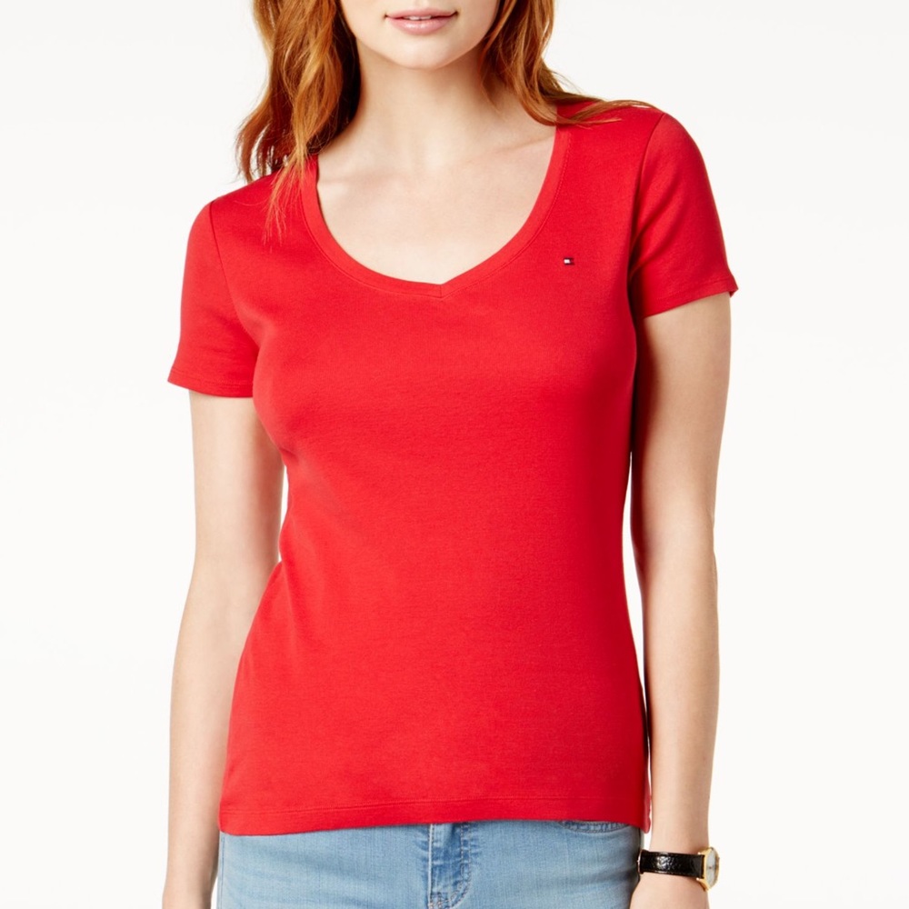 TOMMY HILFIGER RED V NECK T SHIRT